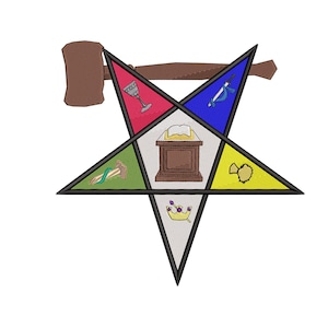 May include: A five-pointed star with a gavel at the top and five symbols inside. The symbols are a chalice, a book, a trowel, a crown, and a rough ashlar. The star is red, blue, green, yellow, and white.