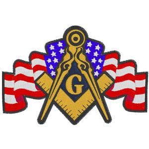 May include: A gold-colored Masonic compass and square with a blue 'G' in the center, surrounded by two American flags.