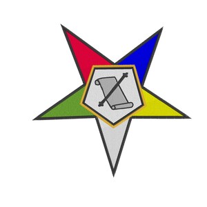 May include: A five-pointed star with a scroll and crossed arrows in the center. The star is divided into five sections, each a different color: red, green, yellow, blue, and white.