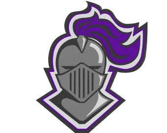 May include: A gray knight's helmet with a purple flame design. The helmet has a visor and a plume of feathers.