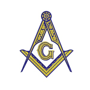 May include: A blue and gold Masonic compass and square with a stylized letter G in the center.