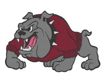May include: A cartoon bulldog wearing a maroon sweater with white trim. The bulldog has a gray body, black nose, and a pink tongue sticking out.