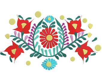 May include: Embroidered floral design with red, yellow, blue, and green flowers. The design features a central flower with a yellow center and red petals, surrounded by smaller flowers and leaves.