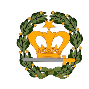 Può includere: Una corona dorata con una stella a cinque punte in cima, circondata da una ghirlanda verde di foglie di quercia e bacche. Una spada d'argento con un'impugnatura dorata è posizionata sotto la corona. Un nastro verde con il testo "Ordine di A" è legato sotto la spada.