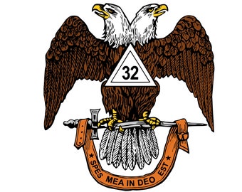 May include: A brown and white eagle with two heads, holding a sword and a banner with the text "Spes Mea In Deo Est" and a triangle with the number 32 inside.