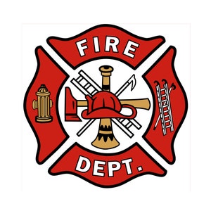 Puede incluir: Emblema rojo y blanco del departamento de bomberos con un hacha, una escalera y una manguera cruzados. El emblema tiene las palabras "FIRE DEPT." en un círculo blanco.