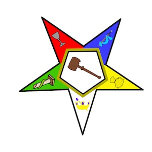 May include: A five-pointed star with a gold hexagon in the center. The star is divided into five sections, each a different color: red, blue, green, yellow, and white. Each section contains a symbol: a chalice, a sword, a scroll, a sheaf of wheat, and a gavel.
