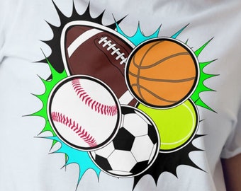 Collection of Sports Balls - Basketball, Baseball, Football, Tennis, Soccer - Silhouette and Cricut Cut Files - Jpeg, Svg, Eps, Png