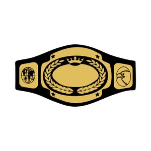 May include: A gold and black championship belt with a central oval design, laurel wreath, crown, and stars. The belt features an eagle head on one side and a globe on the other, symbolizing global recognition.