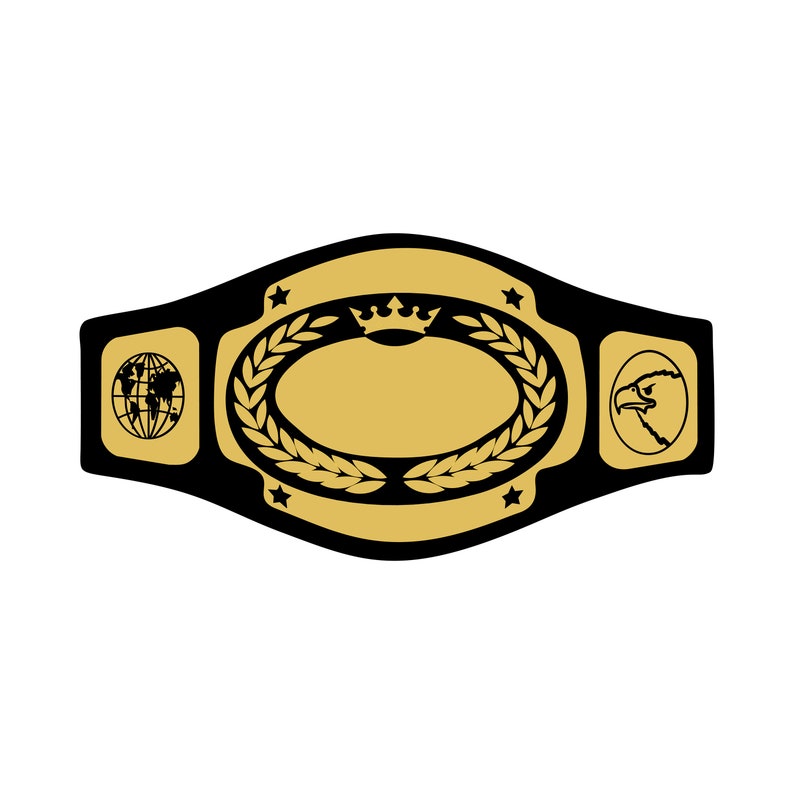 May include: A gold and black championship belt with a central oval design, laurel wreath, crown, and stars. The belt features an eagle head on one side and a globe on the other, symbolizing global recognition.