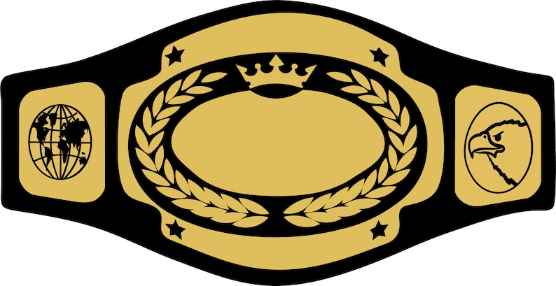 May include: A gold and black championship belt with a central oval design, laurel wreath, and crown. The belt features a globe on one side and an eagle head on the other, with stars and a banner.