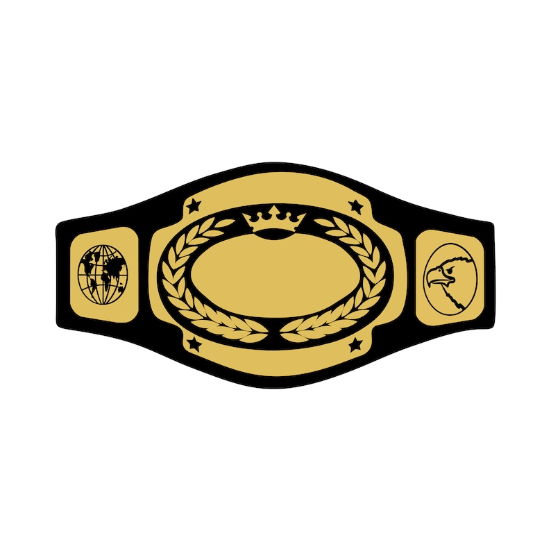 May include: A gold and black championship belt. The belt features a gold oval center with a crown and laurel wreath design. The sides have a globe and an eagle head. The belt is a symbol of victory.