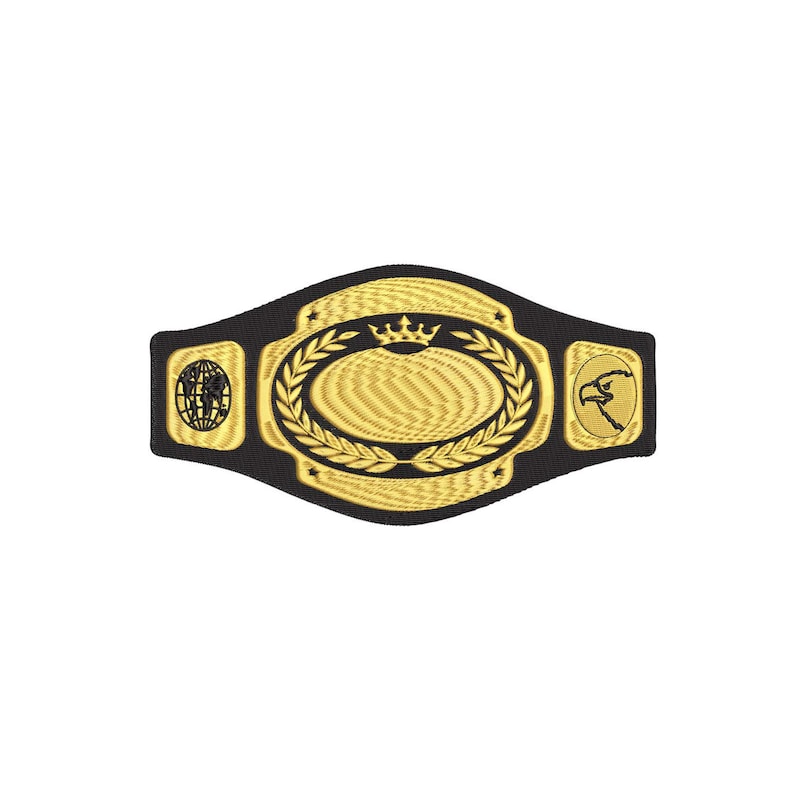 May include: A gold championship belt with a black strap. The belt has a large oval center plate with a crown and laurel wreath design. The side plates feature a globe and an eagle.