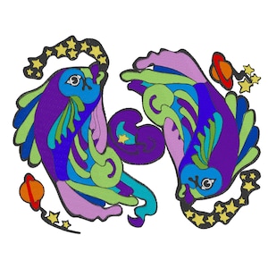May include: A colorful, abstract illustration of two fish swimming in a circle, surrounded by stars and planets. The fish are purple, blue, green, and yellow.