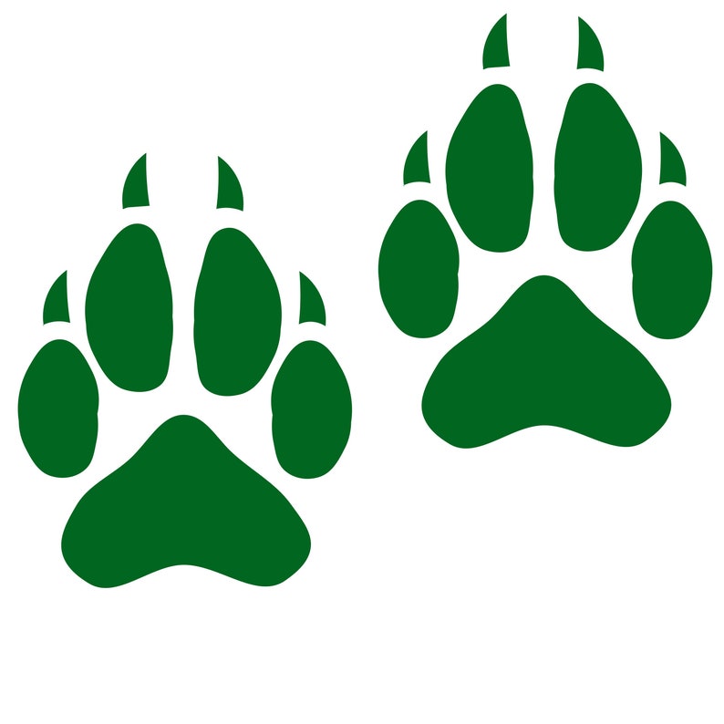 May include: Two green paw prints on a white background. The paw prints are stylized and have five toes each.