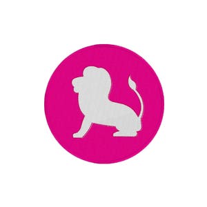 May include: A pink circle with a white silhouette of a lion inside. The lion is facing the right side of the image.