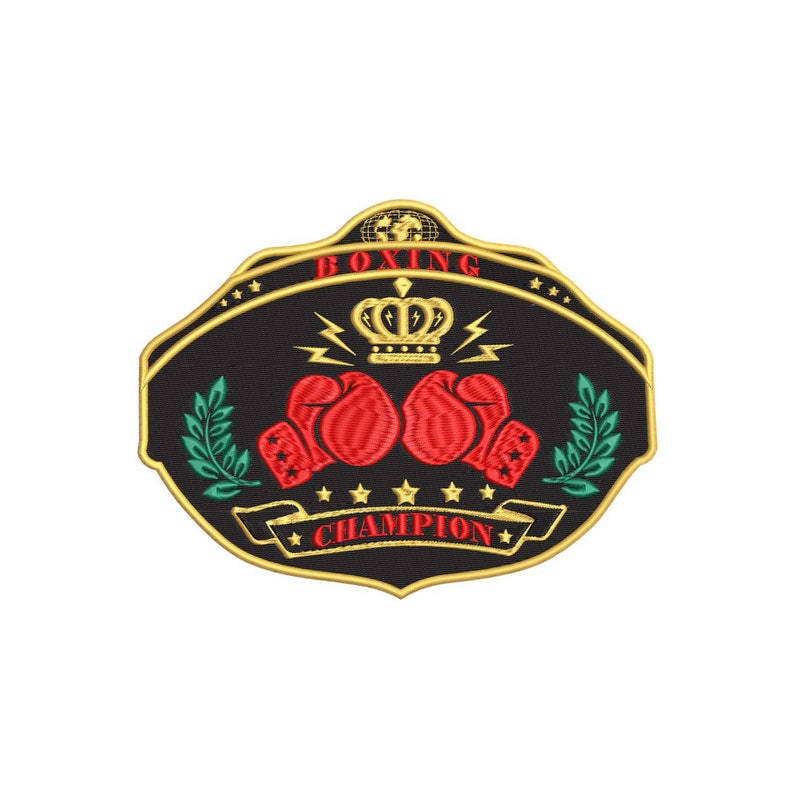 May include: A black and gold boxing championship belt with a red crown, two red boxing gloves, and the words "BOXING CHAMPION" on a banner.
