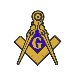 May include: A gold-colored Masonic symbol with a blue square in the center. The square has a gold letter "G" inside. The symbol is made of fabric and has a textured surface.