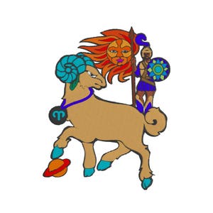 Könnte beinhalten: Eine farbenfrohe Illustration des astrologischen Zeichens Widder. Das Bild zeigt einen Widder mit einem blau-grünen Kopf, einem blau-violetten Halsband und einem schwarzen Symbol des Zeichens. Ein Krieger mit einer blau-violetten Tunika, einem blauen Helm und einem blau-grünen Schild steht auf dem Rücken des Widders. Der Krieger hält eine Lanze mit einer blau-grünen Flagge. Die Sonne ist als roter und orangefarbener Löwenkopf mit einem rosafarbenen Gesicht dargestellt.
