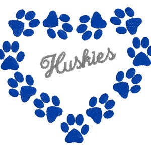 May include: Blue paw prints arranged in a heart shape with the word "Huskies" in silver lettering in the centre.