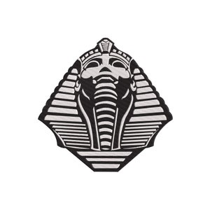 May include: Black and white embroidered patch of an Egyptian pharaoh's head with a headdress. The pharaoh's face is stylized and the background is a pattern of horizontal lines.