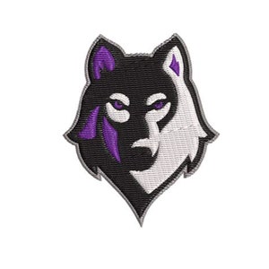 May include: Embroidered patch depicting a wolf's head. The design is split, with one half black and the other white. Purple detailing is used for the eyes and ears. The patch is finished with a grey border.