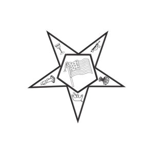 May include: A black and white line drawing of a five-pointed star with a flag in the centre. The flag is the American flag. The star has five points, each with a different symbol: a cup, a sword, a trowel, a crown, and a plumb bob.