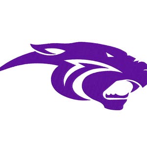 May include: Purple silhouette of a panther's head with a fierce expression. The panther's head is facing right and has a sharp, pointed ear.