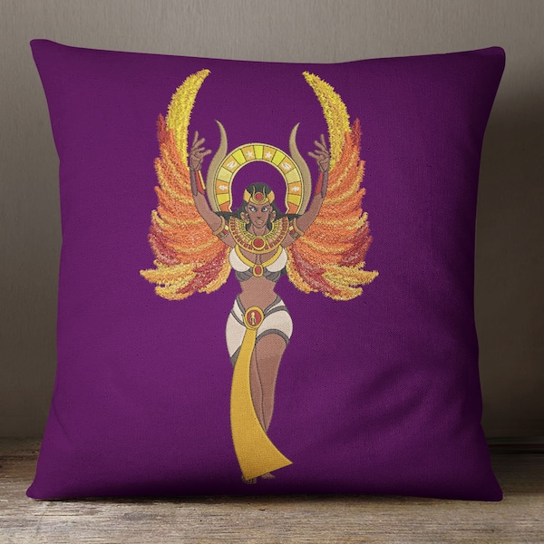 Fiery Winged Egyptian Goddess with Horns and Halo-  Digital Machine Embroidery Design -  4x6, 5x7, 5x8, 6x9, 6x10, 7x12, and 9x14