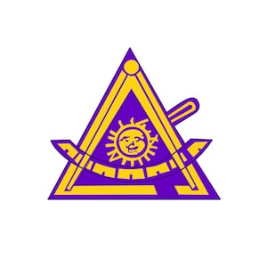 May include: A purple triangle with a yellow sun and a yellow compass inside. The sun has a face and the compass has a handle.