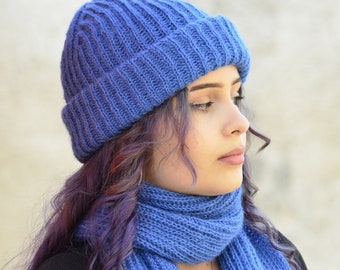 Mohair hat scarf set, blue fluffy hat, Handknitted scarf and beanie set, Fluffy beanie, Chunky knit beanie, Mohair scarf, Knit hat