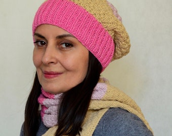 Knitted hat and scarf set, pink scarf and hat women, color block scarf and slouchy hat, long oversized scarf, wool knit hat