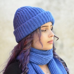 Mohair hat scarf set, blue fluffy hat, Handknitted scarf and beanie set, Fluffy beanie, Chunky knit beanie, Mohair scarf, Knit hat