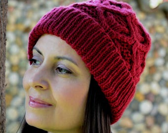 Merino Wool Beanie, Hand Knit Wine Red Cable Knit Hat for Women, Folded Brim Winter Beanie, Aran Cable Beanie, Christmas Gift for Her