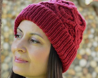 Merino Wool Beanie,  Hand-Knitted hat, Wine Red Cable Knit Winter Hat