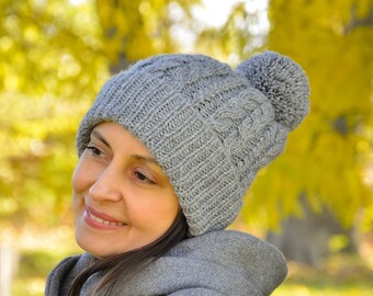 Hand Knitted Gray Wool Beanie: Cable Knit Pom Pom Hat for women