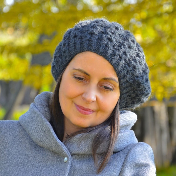 French beret hat, graphite gray winter hat, alpaca wool beret, hand knitted beret, chunky knit hat women, cable knitted hat, gift for her