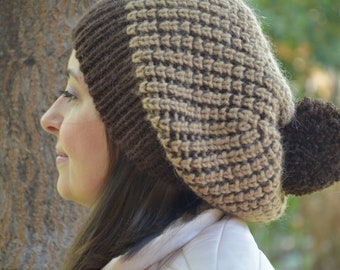 Slouchy beanie with pom pom, wool beret, hand knit hat, winter beanie women, slouchy beret, alpaca wool hat, pom pom beret, brown beanie