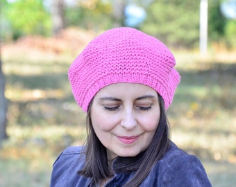 Rosa Merinowoll-Baskenmütze, handgestrickte Mütze im französischen Stil