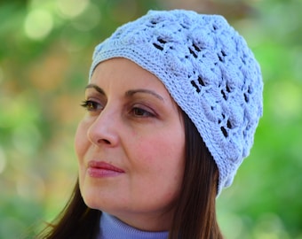 Mesh beanie, crochet beach hat, boho summer headwear, Blue Lace Tam Hat, vacation accessory