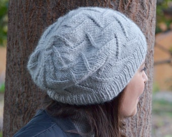 Gray Merino Wool Slouchy Beanie: Hand Knit Winter Hat