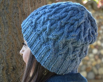 Blue beanie, Winter hat women, hand knitted beanie, cable knit hat, wool beanie, slouchy beanie, blue cable knit hat, Christmas gifts