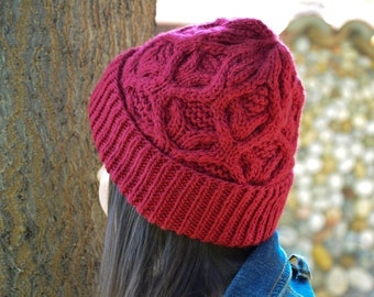 Hand-Knitted Merino Wool Beanie: Wine Red Cable Knit Winter Hat