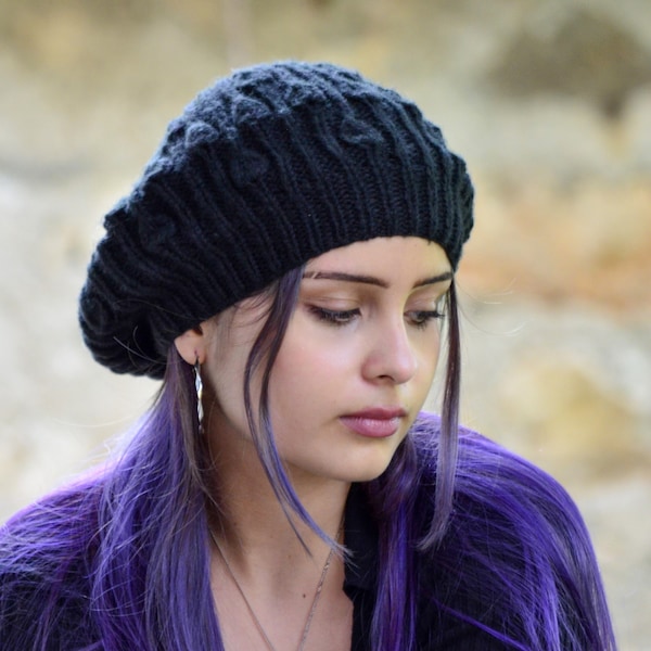 Bonnet d'hiver tricoté à la main avec motif béret français, chapeau de style français élégant, bérets amples pour femmes, chapeau d'hiver noir