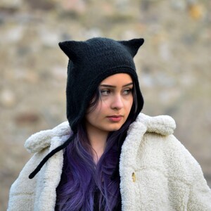 Cat ear hat, kitty bonnet, hand knitted wool hat, black cat ear beanie, cat ear bonnet, black cat, hooded hat, girlfriend gift image 2