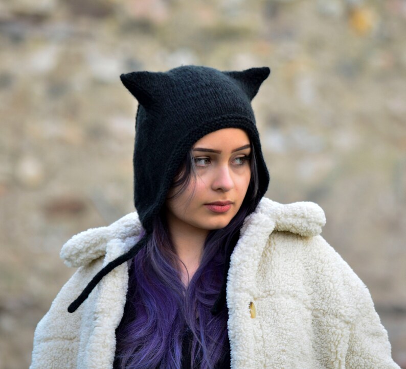 Cat ear hat, kitty bonnet, hand knitted wool hat, black cat ear beanie, cat ear bonnet, black cat, hooded hat, girlfriend gift image 2