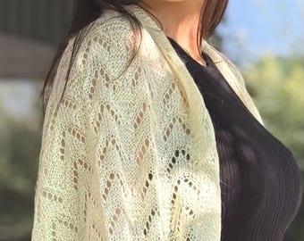 Hand Knitted Mohair Blend Shawl: Lightweight Cream Lace Wrap