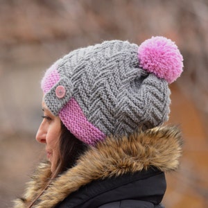 Hand-Knitted Wool Blend Beanie: Gray Slouchy Hat with Pink Pom