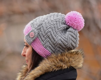 Hand-Knitted Wool Blend Beanie ,Gray Slouchy Hat with Pink Pom pom