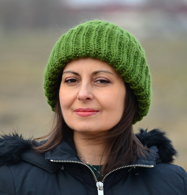 Mohair beanie woman green knit hat winter hat mohair fluffy Etsy